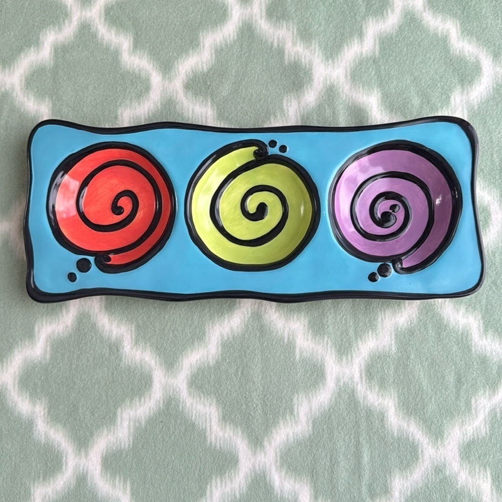Vintage GANZ spiral 3 dish Serveware platter - blue red yellow purple
